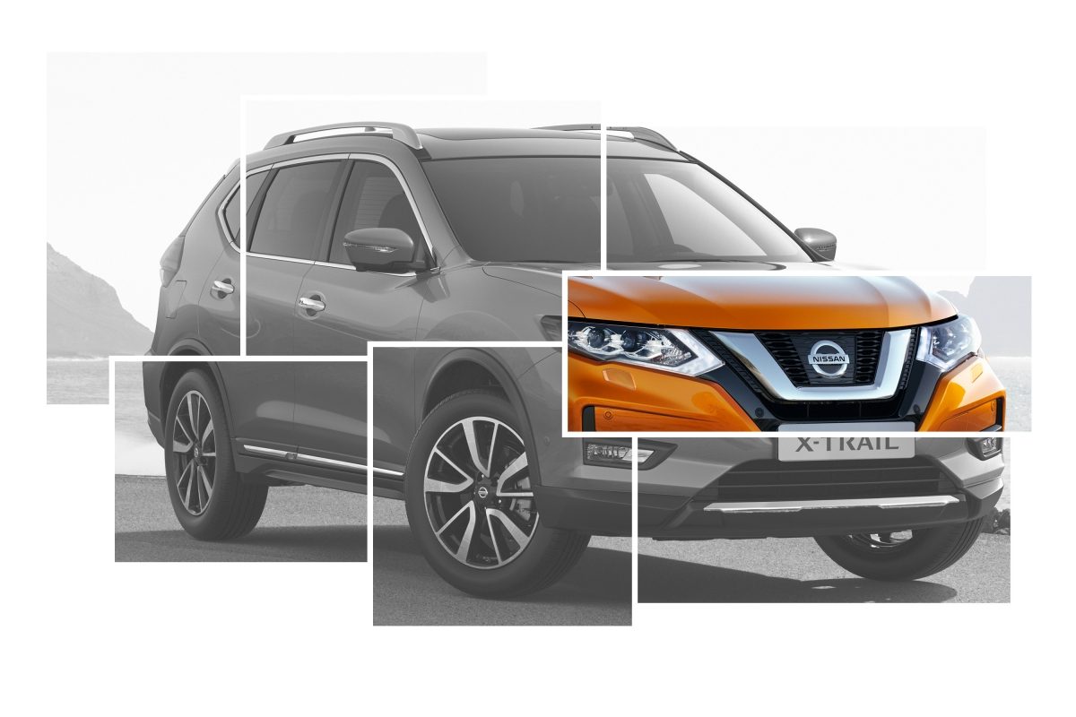 Коллаж с изображениями элементов внешнего дизайна Nissan X-TRAIL с акцентом на V-образной решетке радиатора