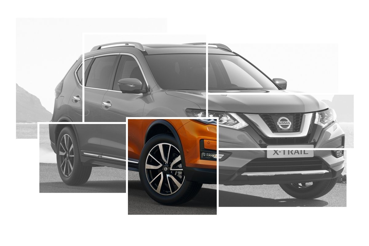 Колаж із зображеннями елементів зовнішнього дизайну Nissan X-TRAIL з акцентом на 19-дюймових литих дисках з алюмінієвого сплаву