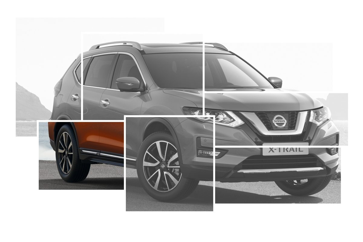 Коллаж с изображениями элементов внешнего дизайна Nissan X-TRAIL с акцентом на хромированных порогах