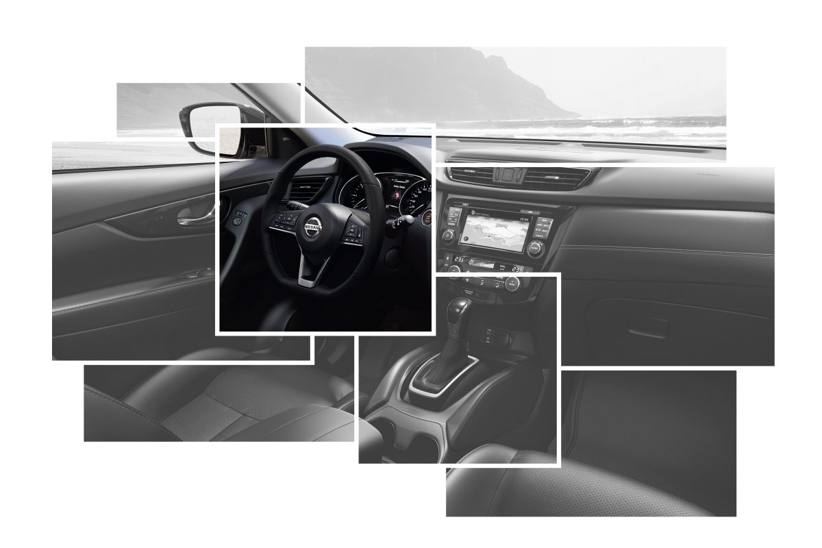 Коллаж с изображениями элементов интерьера Nissan X-TRAIL с акцентом на руле с подогревом