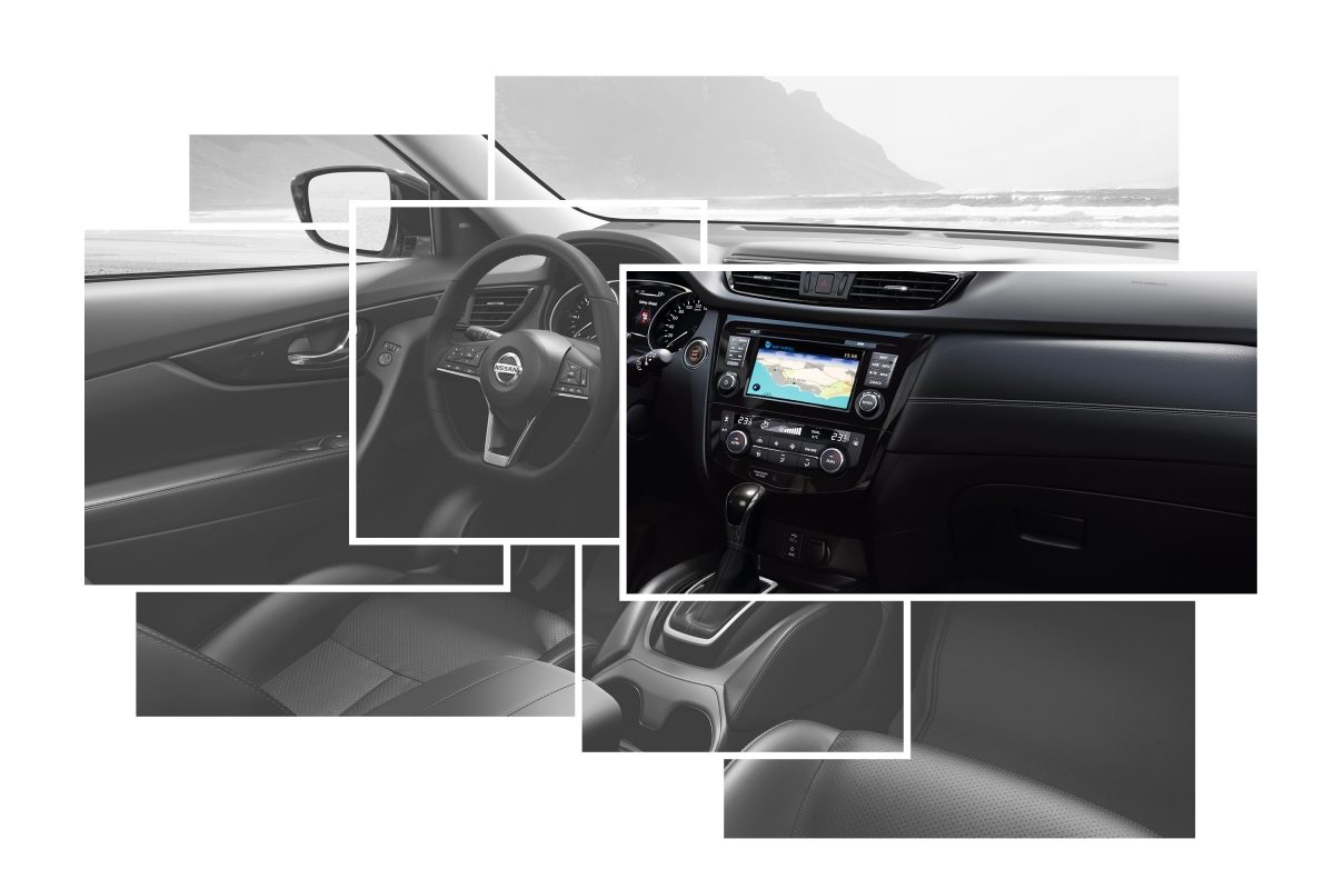 Колаж із зображеннями елементів інтер'єру Nissan X-TRAIL з акцентом на центральній консолі