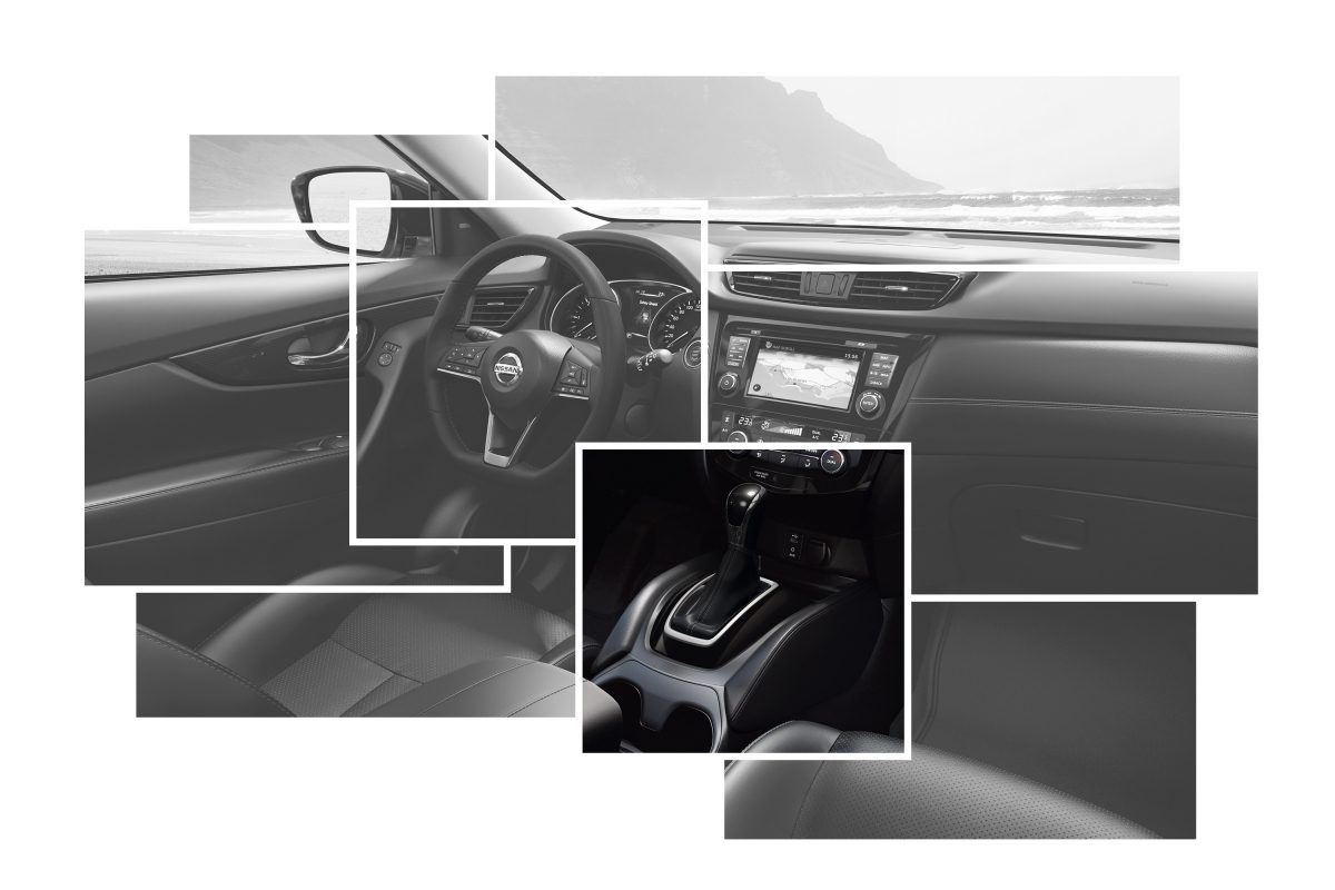 Колаж із зображеннями елементів інтер'єру Nissan X-TRAIL з акцентом на шкіряному чохлі важеля перемикання передач