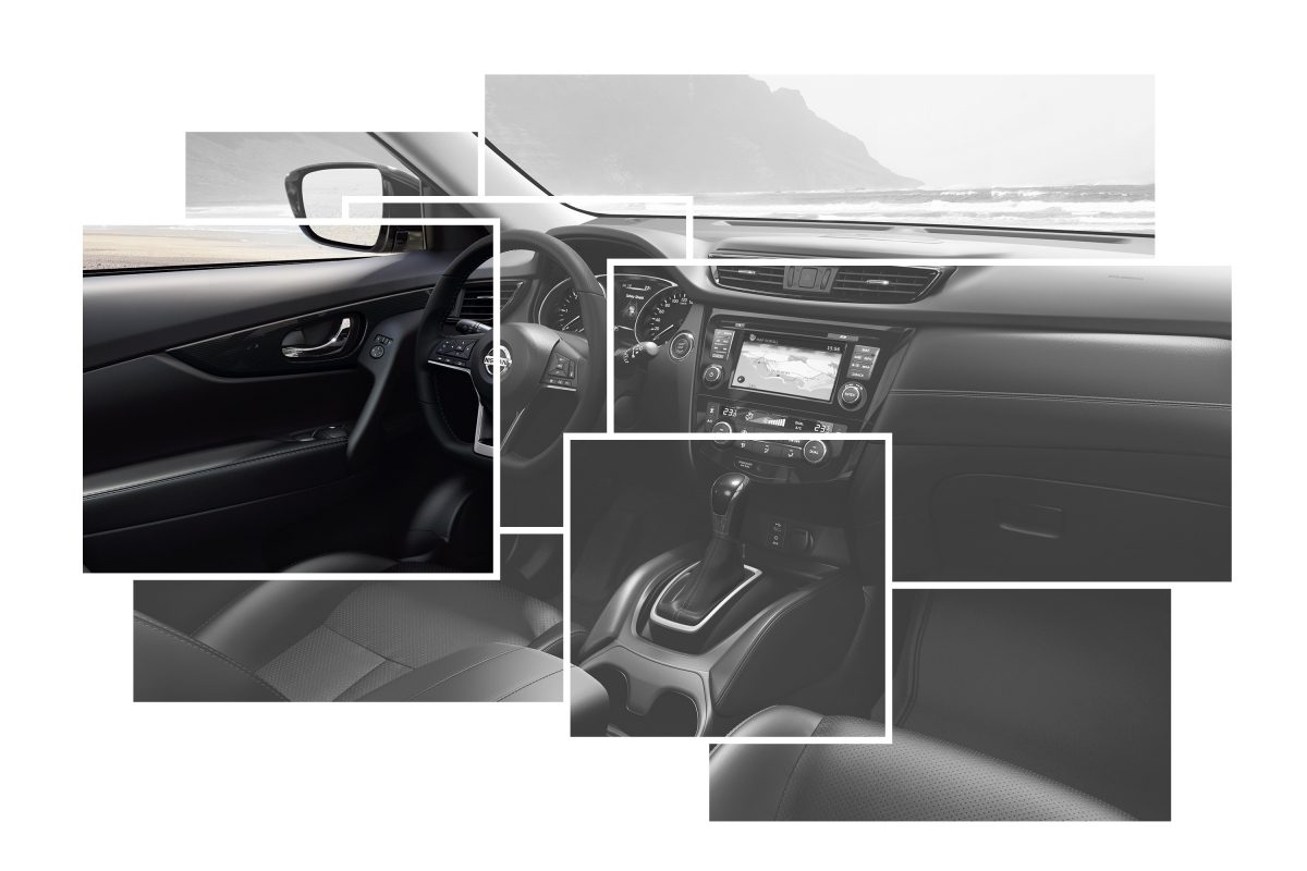 Колаж із зображеннями елементів інтер'єру Nissan X-TRAIL з акцентом на декоративних накладках на дверях